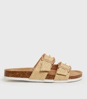 New Look Tan Woven Double Buckle Footbed Sliders